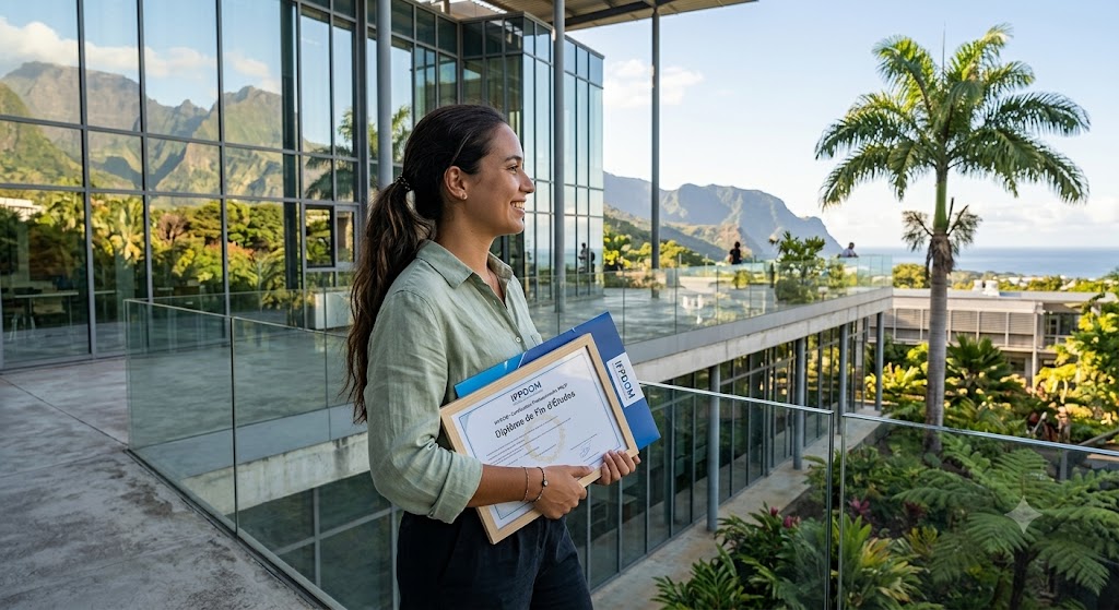 Femme tenant des diplômes devant un bâtiment moderne avec vue sur la montagne.