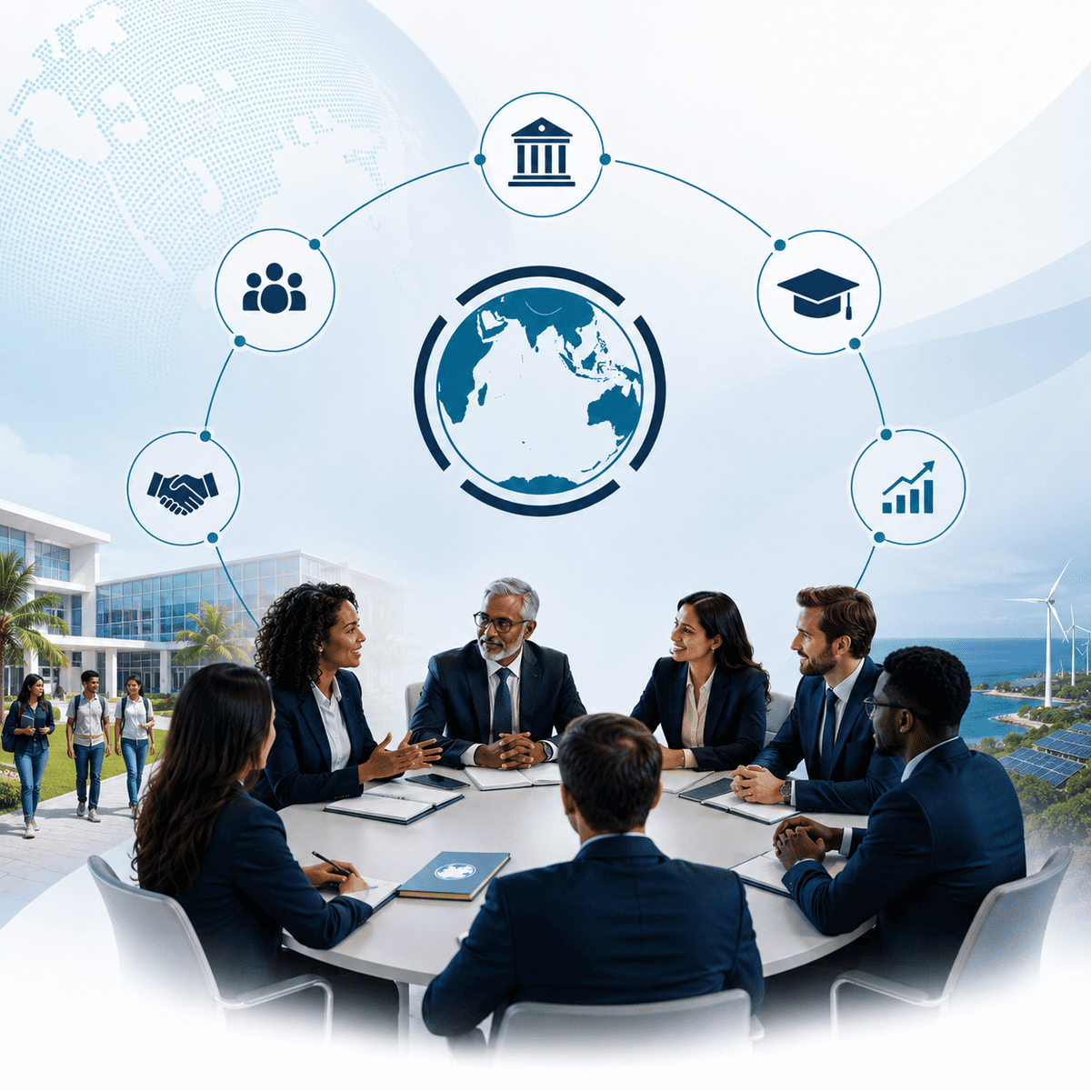 Personnes en réunion autour d'une table, avec des icônes de collaboration et de développement.