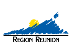 Logo avec une montagne bleue et un soleil jaune.