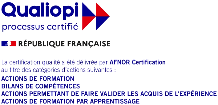 Logo Qualiopi avec texte sur certification et actions de formation.