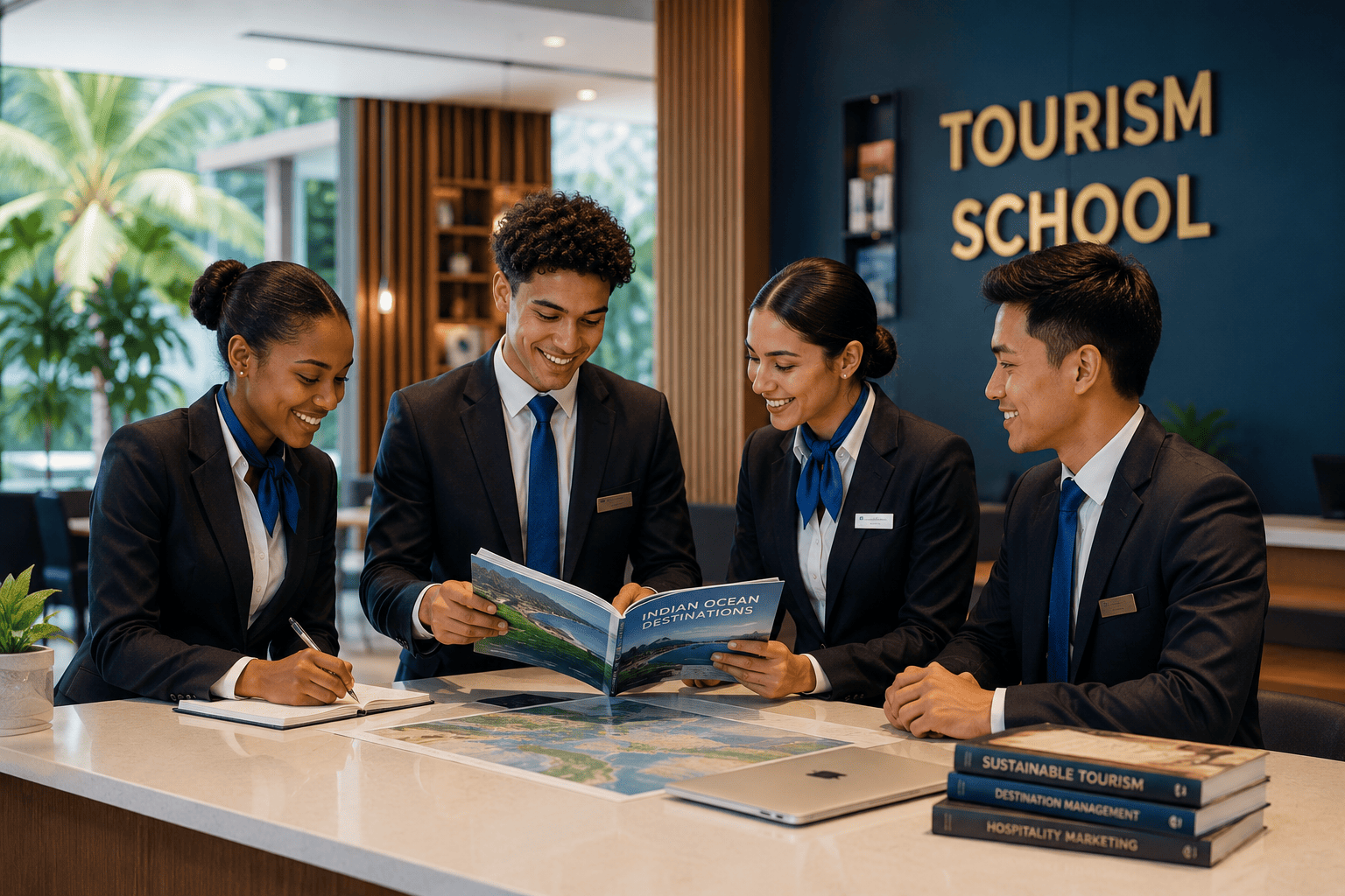 Quatre étudiants en uniforme discutent autour d'une carte à l'école de tourisme.