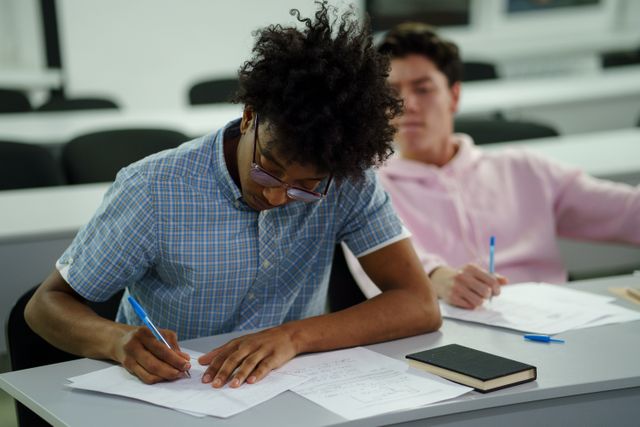 Deux étudiants écrivent sur des feuilles dans une salle de classe.