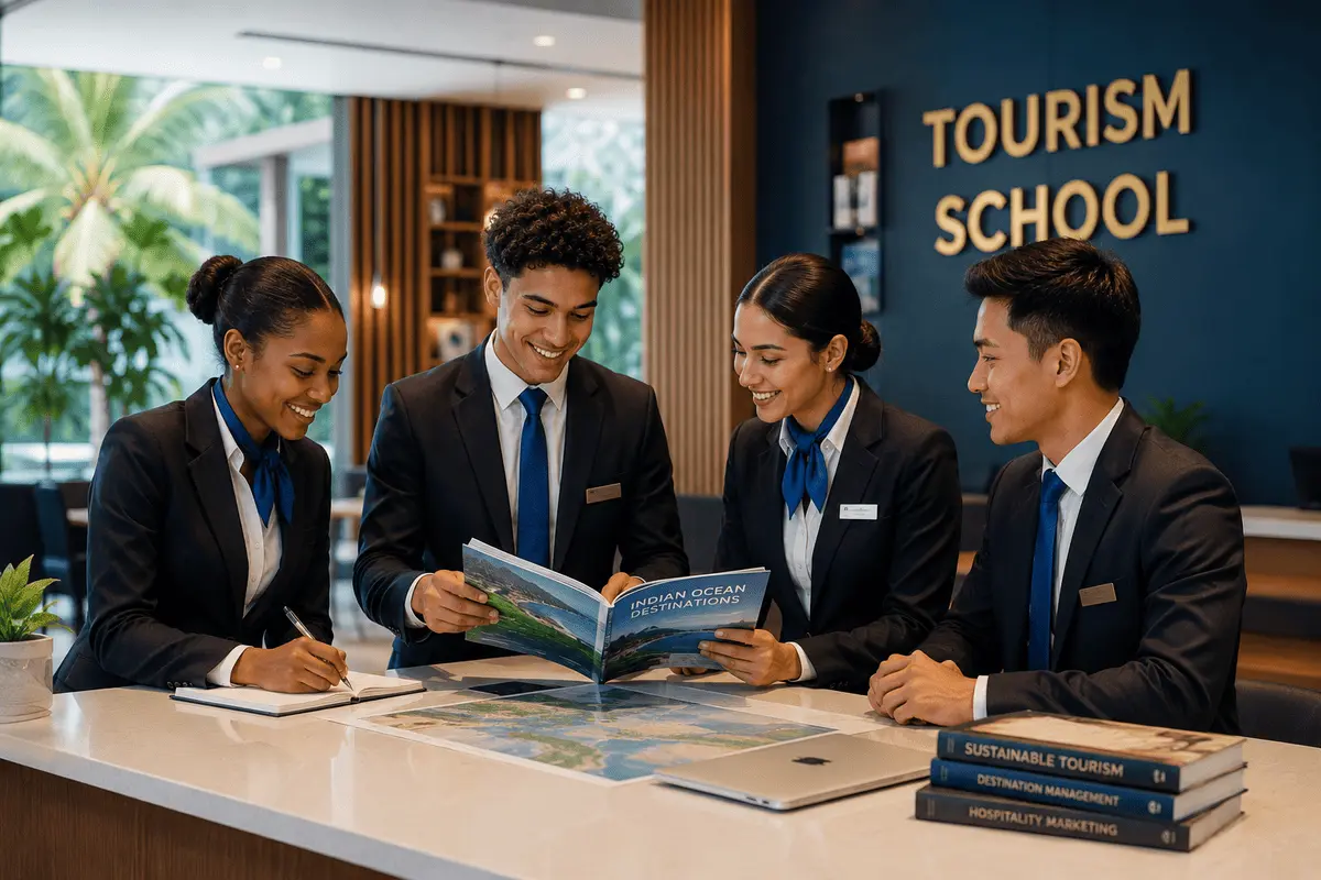 Quatre étudiants en uniforme discutent autour d'une table à l'école de tourisme.