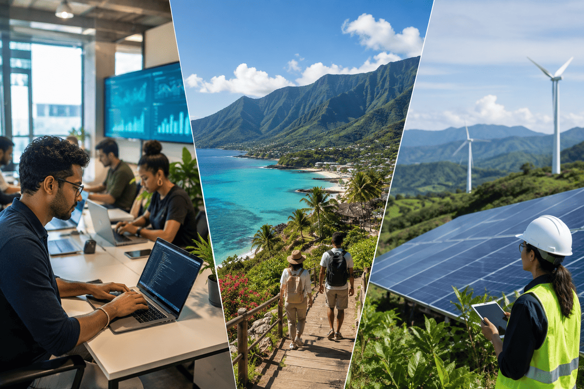 Personnes travaillant au bureau, randonnée en montagne, énergie renouvelable avec éoliennes et panneaux solaires.