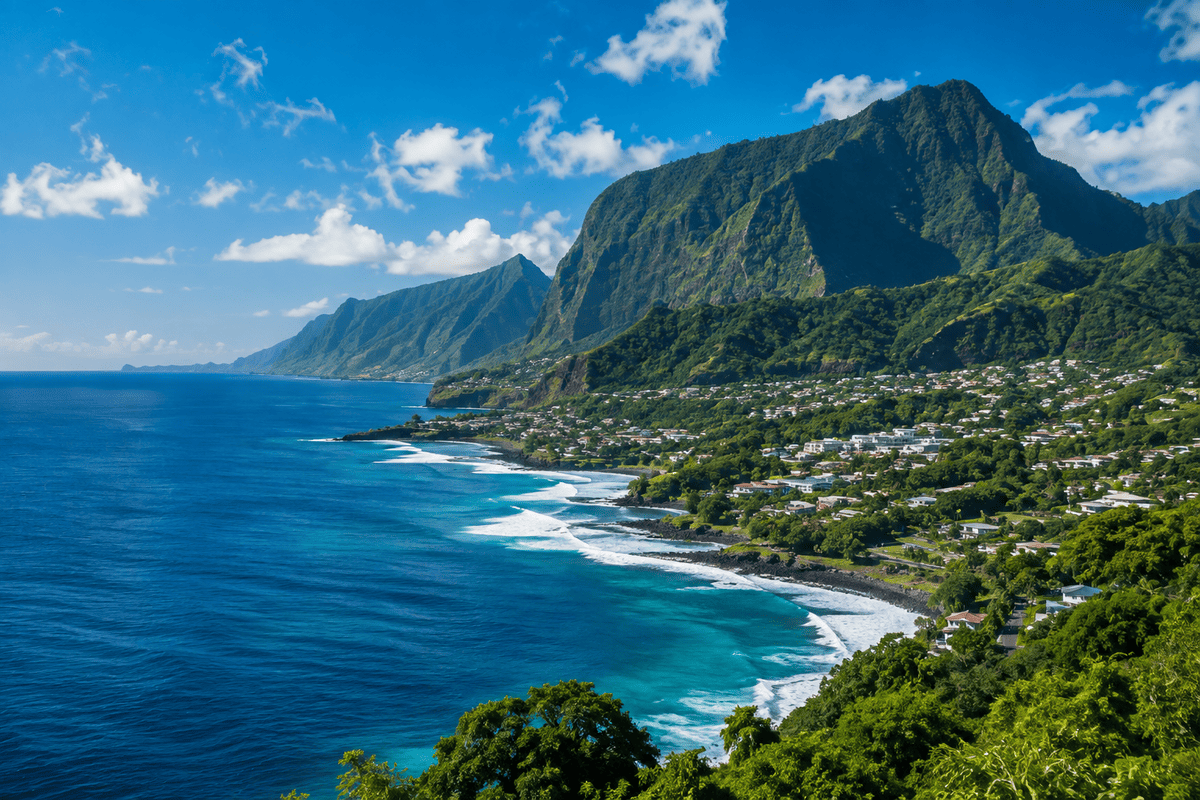 Vue côtière avec montagnes verdoyantes et mer bleue sous un ciel dégagé.