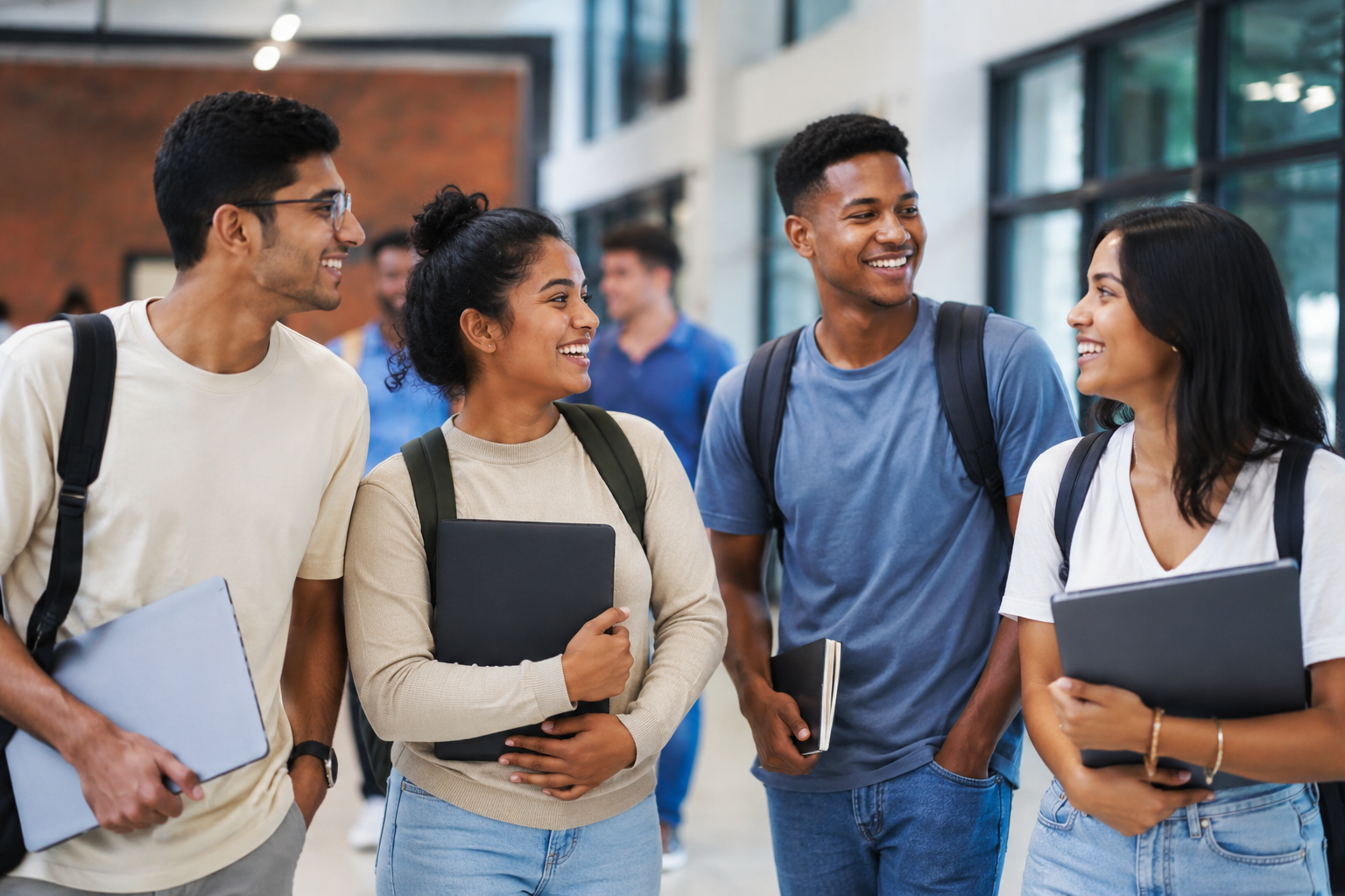 Quatre étudiants souriants discutent dans un couloir d'université.