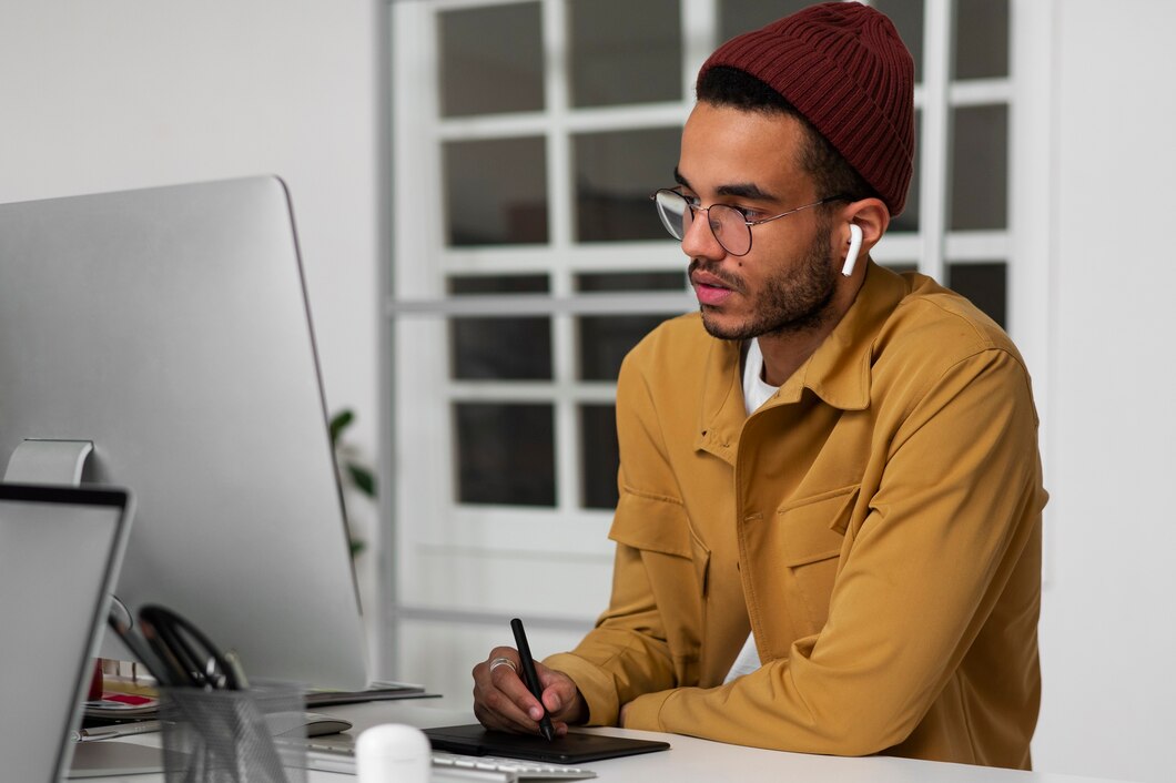 Homme portant des écouteurs, travaillant sur un ordinateur avec une tablette graphique.