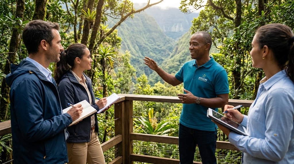 Groupe discutant sur une plateforme en bois dans une forêt tropicale.