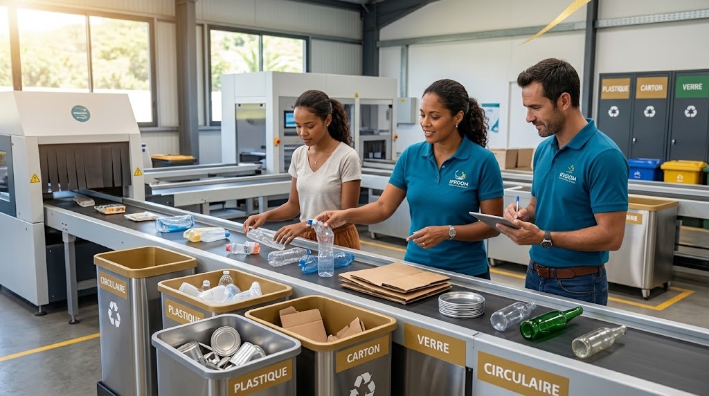 Des employés trient des matériaux recyclables dans un centre de tri moderne.