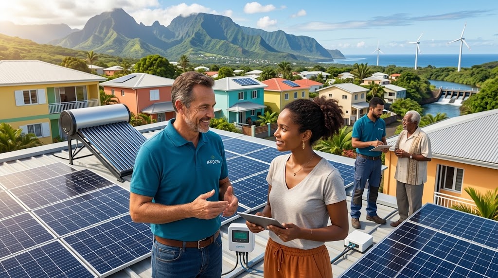 Des personnes discutent sur un toit avec des panneaux solaires, montagnes en arrière-plan.